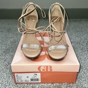 Gianni Bini Nude Lace-Up Clear Strap Heels